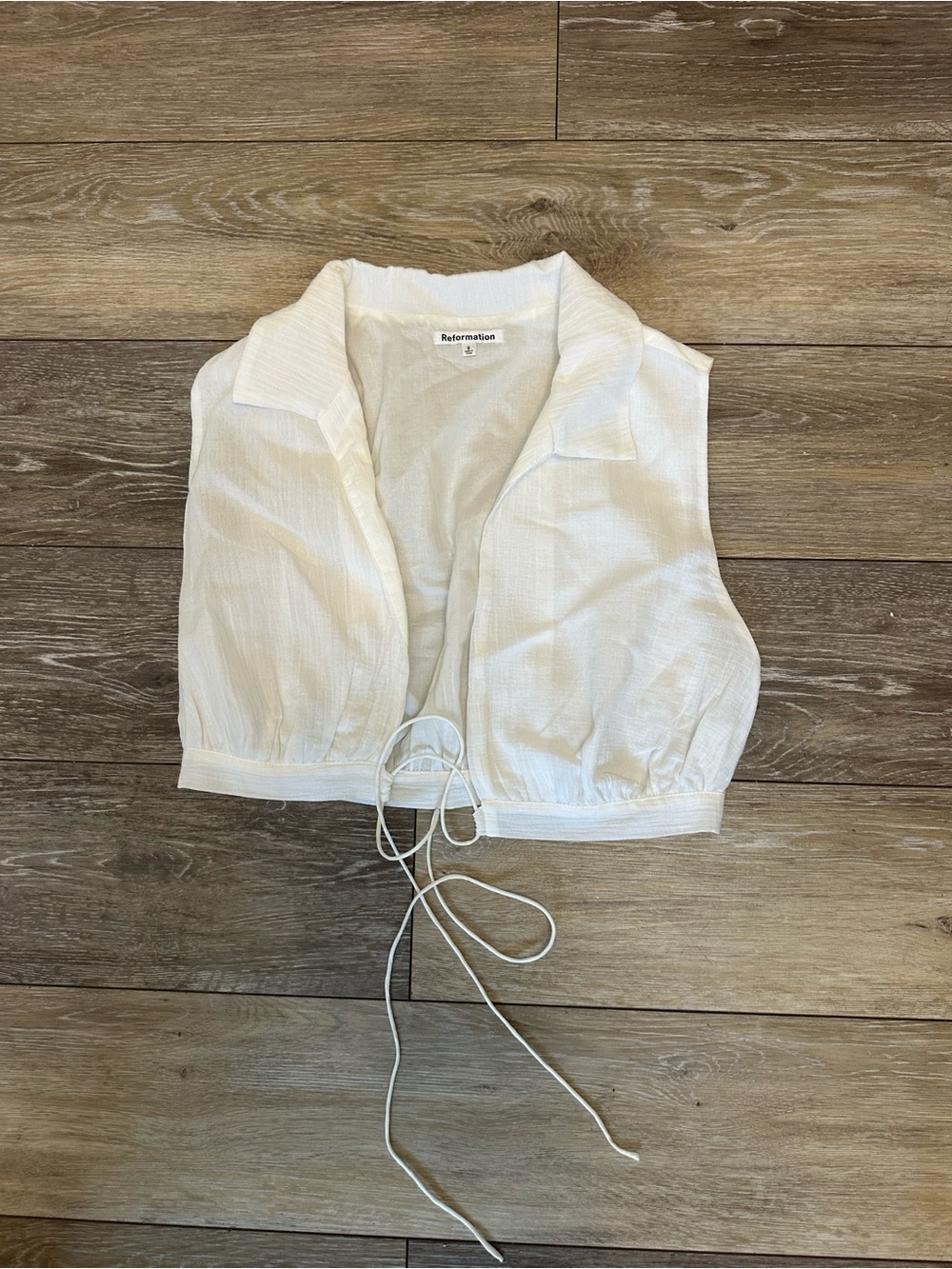 Reformation White Cropped Tie-Front Collared Top